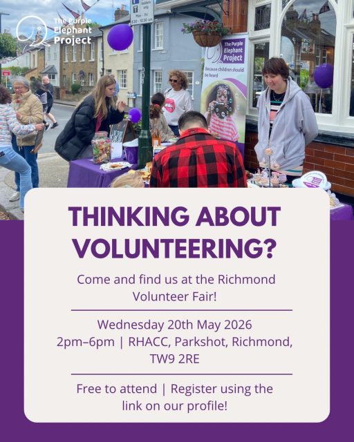 Looking for a way to support your local community? 💜

We’ll be at the Richmond Volunteer Fair alongside lots of brilliant local charities and community organisations.

Come and have a chat, explore opportunities and find out more about volunteering with The Purple Elephant Project 🐘

📍 RHACC, Parkshot, Richmond
🗓 Wednesday 20th May 2026
🕑 2pm–6pm
🎟 Free to attend

Register via the link in our bio. Feel free to DM us if you have any questions 💜