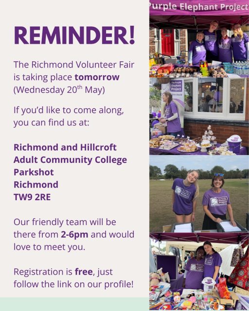 Reminder! Tomorrow is the Richmond Volunteer Fair, registration is free (🔗just follow the link on our profile) and we would love to meet you! 
Feel free to DM us if have any questions 🐘💜