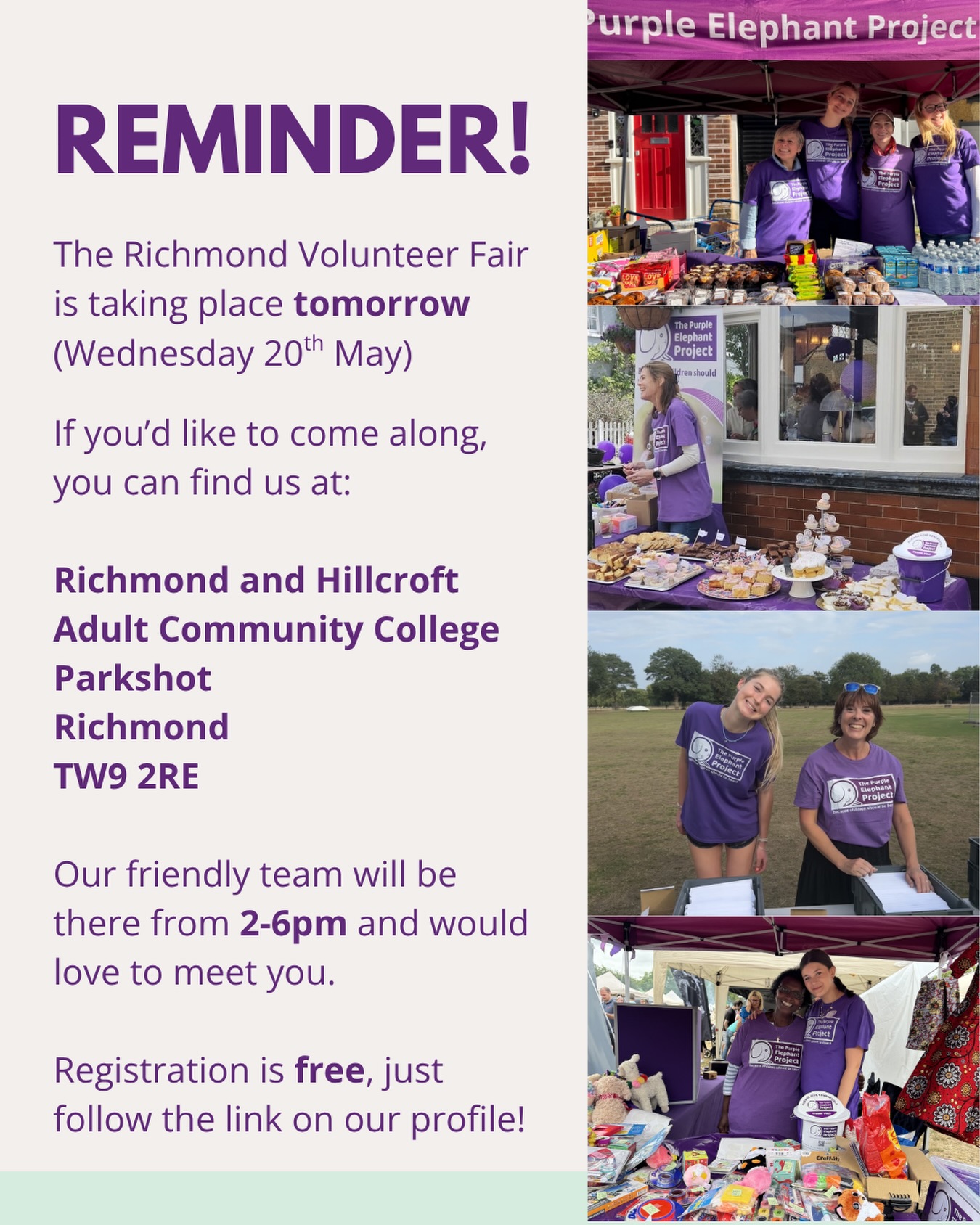 Reminder! Tomorrow is the Richmond Volunteer Fair, registration is free (🔗just follow the link on our profile) and we would love to meet you! 
Feel free to DM us if have any questions 🐘💜