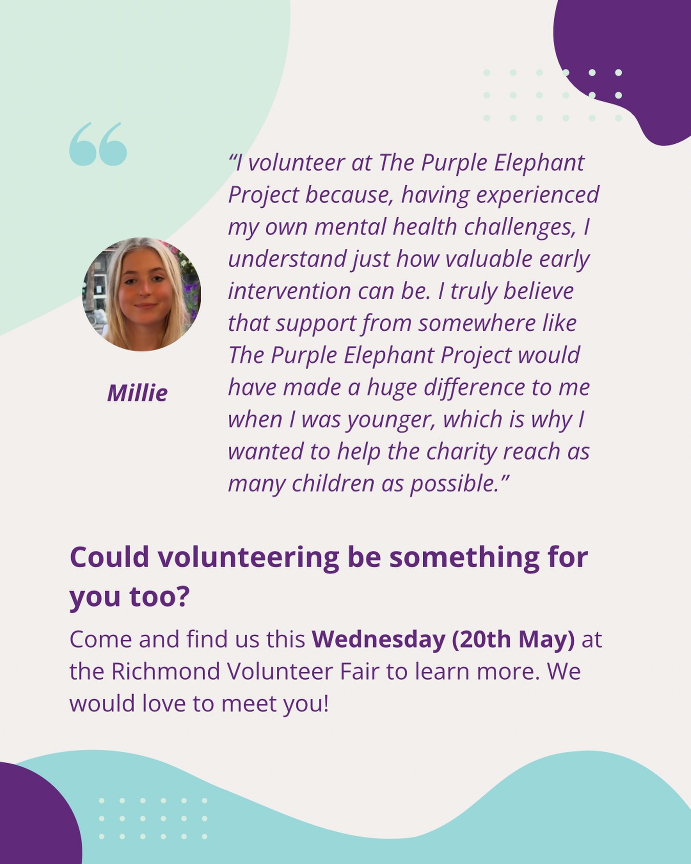 Everyone has their own reason for volunteering 💜

The Richmond Volunteer Fair is the perfect chance to meet local charities, hear real stories and explore ways you could support your local community too 🐘

Come and say hello this Wednesday (20th May), we would love to meet you.

📍 RHACC, Parkshot, Richmond
🕑 2pm–6pm
🎟 Free to attend, link for registration is on our profile!