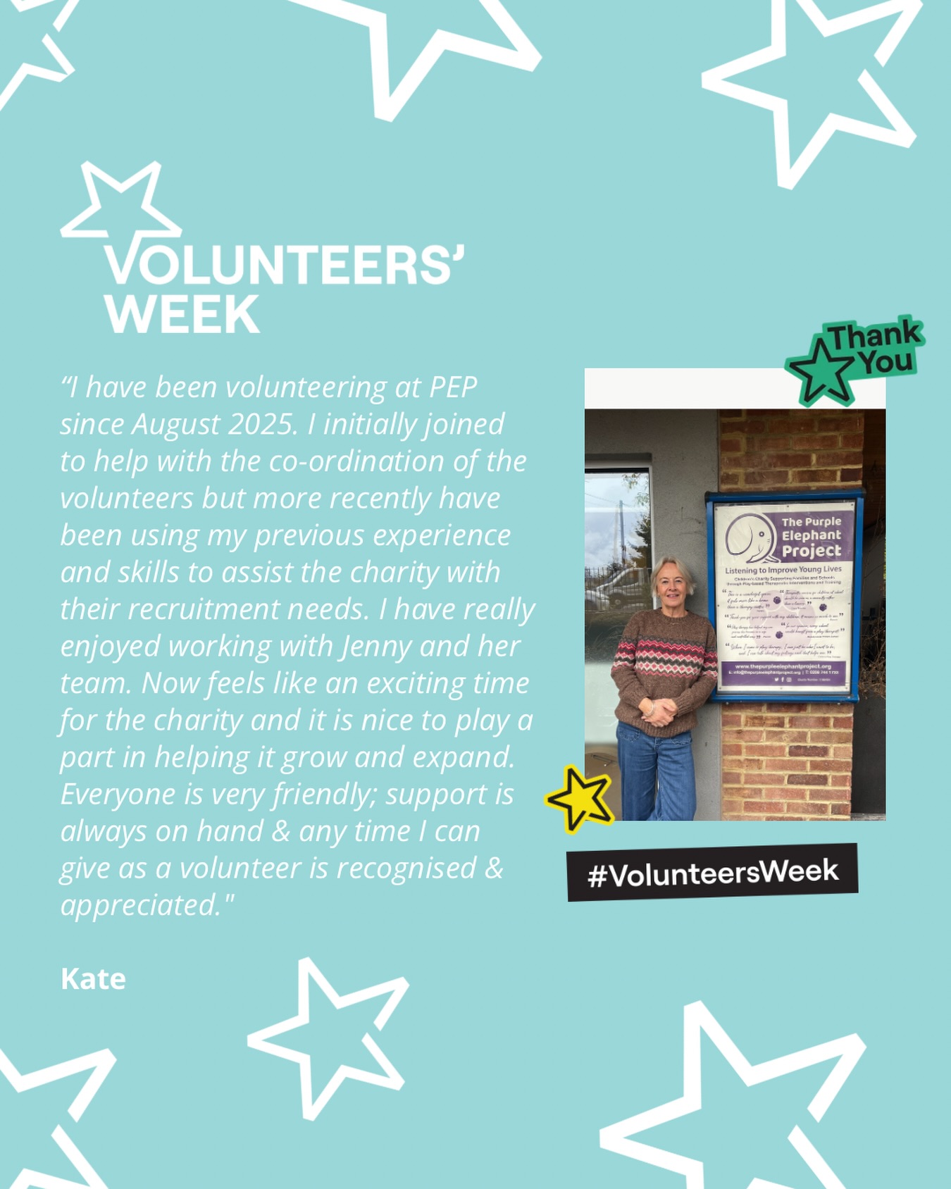 💜 Meet Kate, one of our amazing volunteers.

Kate has supported The Purple Elephant Project in a variety of ways, from helping coordinate volunteers to sharing her recruitment expertise to help us grow our team.

We’re so grateful for the time, skills and enthusiasm she brings to PEP. Thank you for being part of the Herd, Kate! 💜

#VolunteersWeek #ThankYouVolunteers #ThePurpleElephantProject